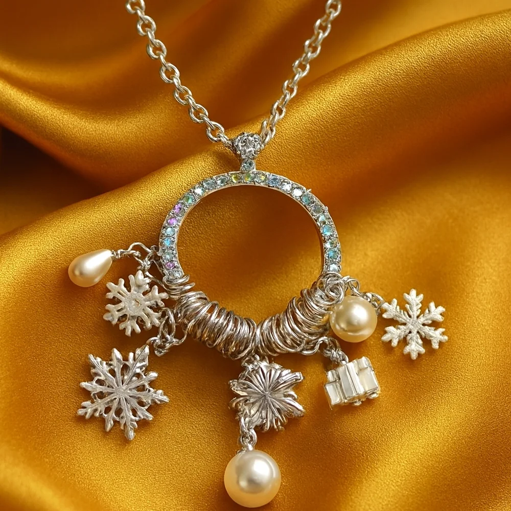 Silver Pendant Necklace – Iridescent Halo Circle - Snowflake, Pearl & Gift Charm